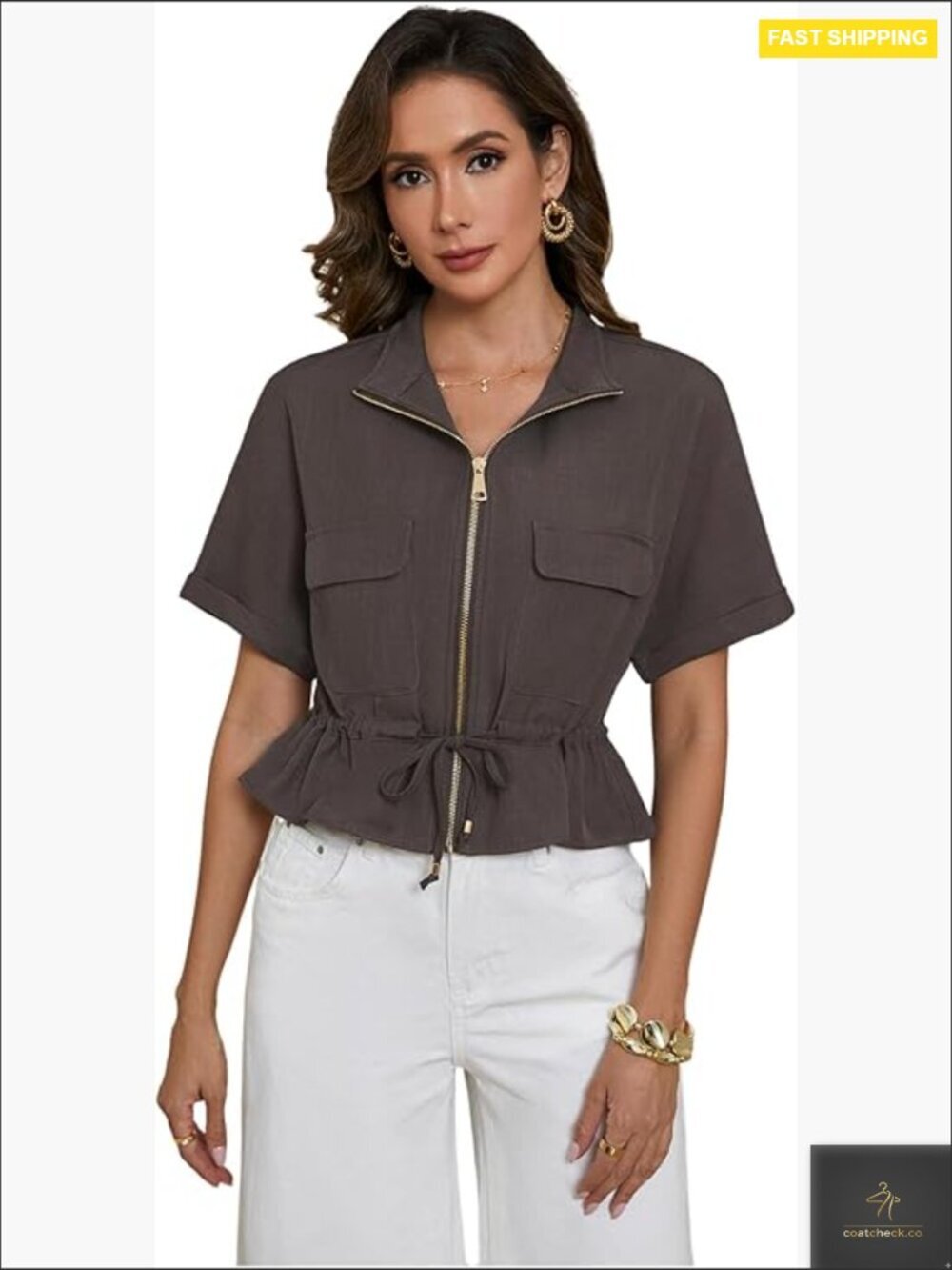 Crop Bomber Jacket Zip Up Short Sleeve Drawstring Casual Work Coat Pocket Y2K
